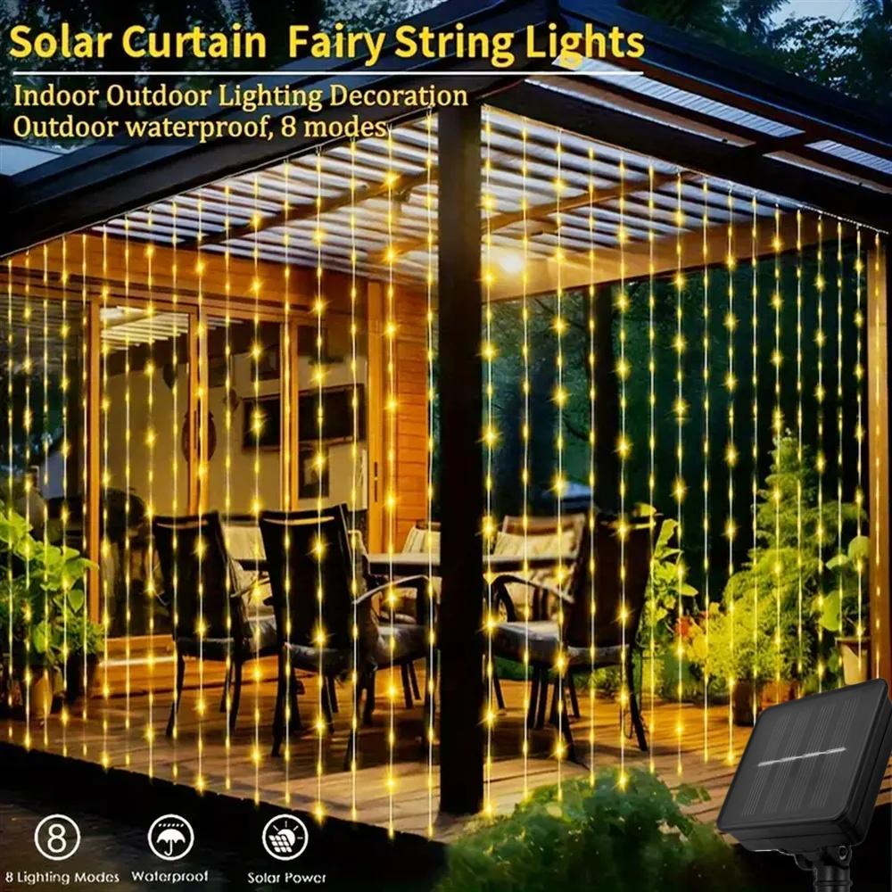 Solar Curtain Light Outdoor Waterproof Solar Fairy Garland String Lights Garden Yard Pavilion Wedding Party Holiday Decor Lights