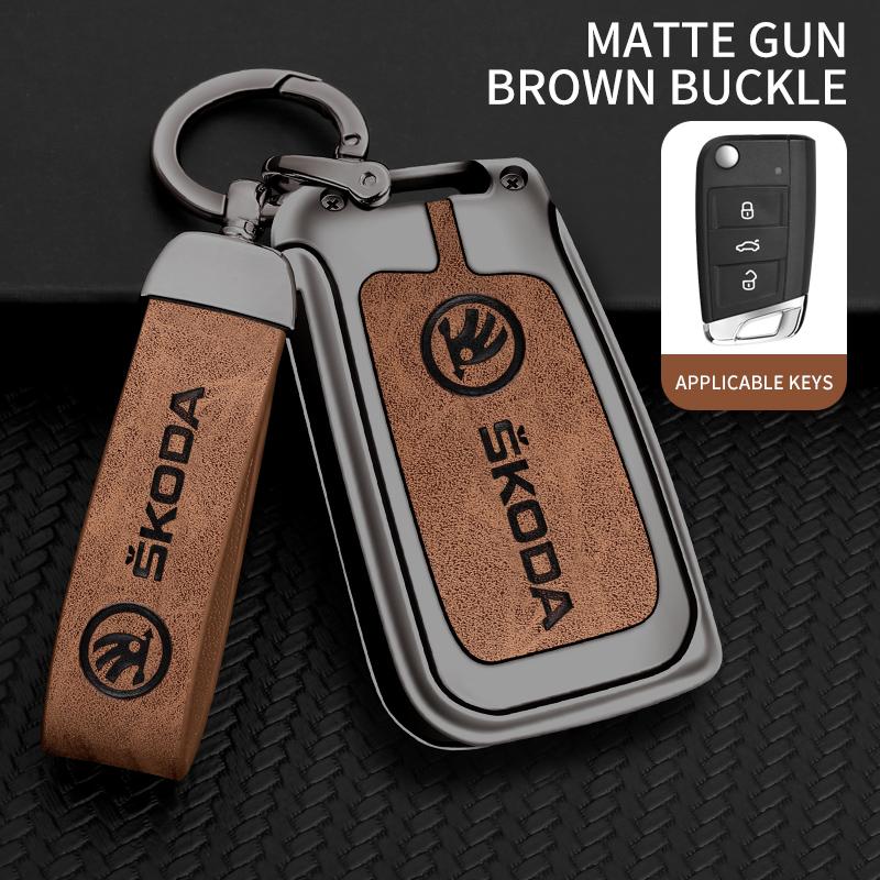 JKFB8 Zinc Alloy Leather Car Flip Remote Key Case Cover Holder Shell for Skoda Octavia Kodiaq Karoq Protector Car Keychain Accessories