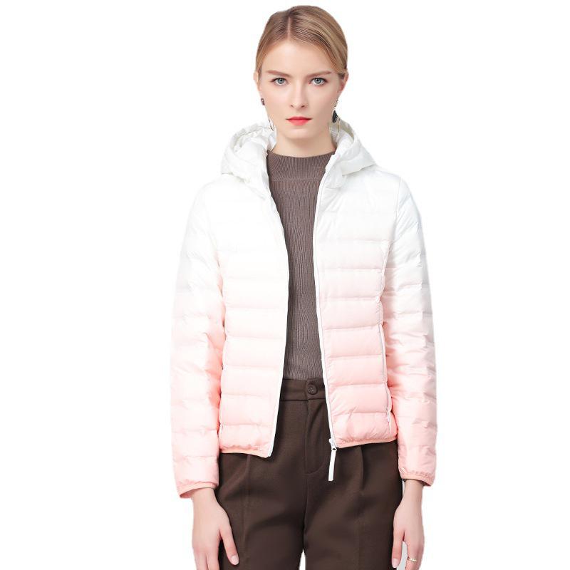 Gradient Women's Hooded Lightweight Down Jacket - Short, Packable, White Duck Down Coat, Off-season Clearance
