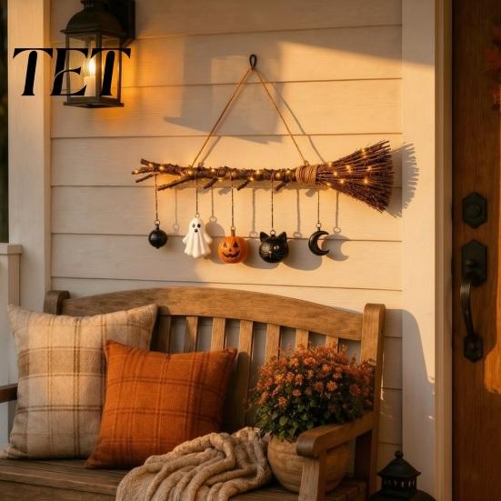 Fall Farmhouse Home Decorations Halloween Witch Broom Wall Decor with LED Light, Thanksgiving Front Door Sign Pumpkin Ghost Cat, Glowing Rustic Porch