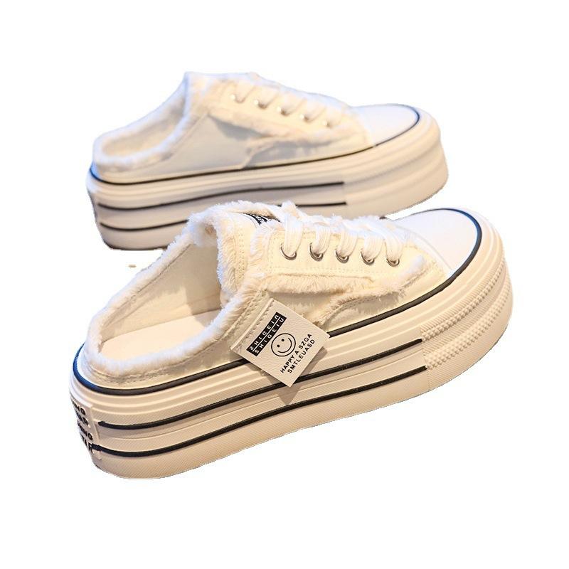 Baotou slippers women's summer wear 2024 new canvas shoes without heel half support, Internet celebrity lazy half drag, thick-soled sandals