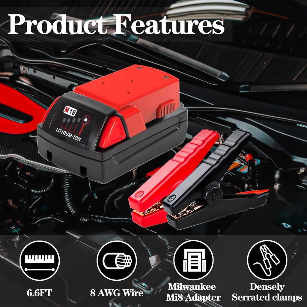 Jumper Cable Clamps Compatible With Mil-Waukee M18, 6.2FT 8AWG Portable Battery Jumper Starter Automotive Booster Cables Power For Car Jump Starting