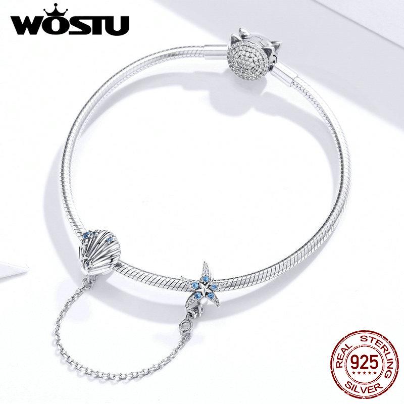 WOSTU Starfish Stopper Charms 925 Sterling Silver Tropical Starfish & Shell Safety Chain Charms