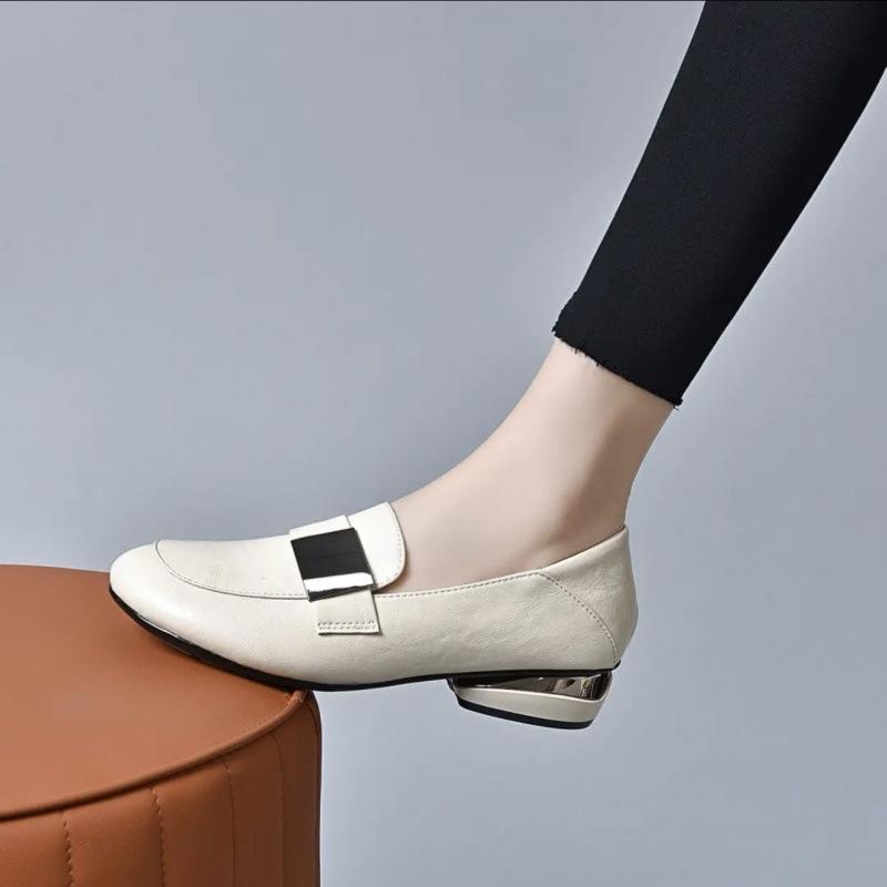 Кожаные туфли-лодочки на низком каблуке женские весна 2025 новые с круглым носком из мягкой кожи лоферы плоские кожаные туфли универсальные туфли Doudou