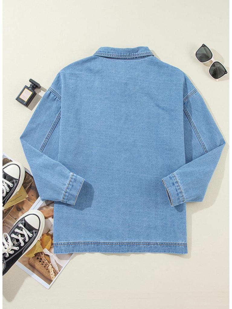 Женская джинсовая куртка в европейском и американском стиле с большими карманами и длинными рукавами на пуговицах