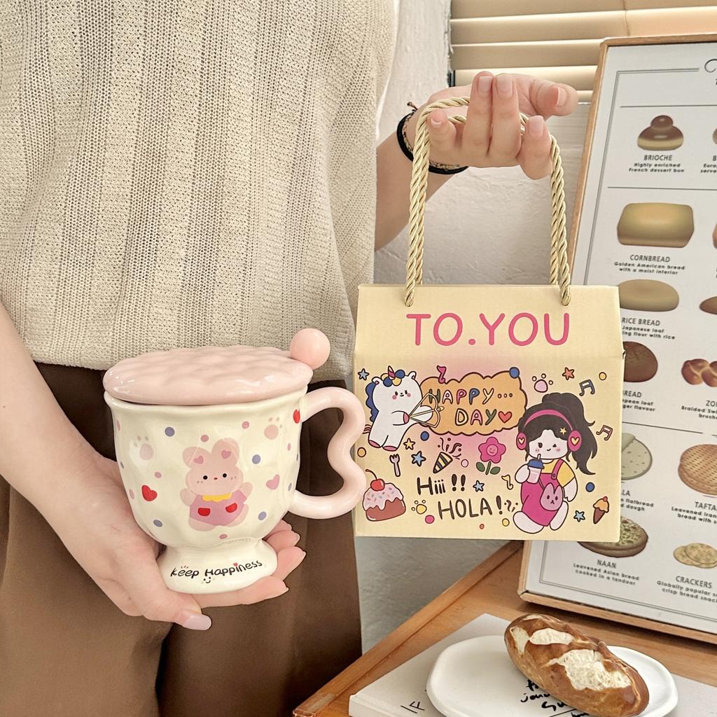 Милая мультяшная кружка для воды с принтом в горошек и щенками, керамическая кружка высокой ценности с крышкой и ложкой, в подарок девочкам на день рождения