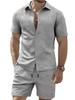 Men's Summer Solid Color Jacquard Casual Set Short Sleeve Shirt and Shorts Two Piece Outfit Breathable Quick Dry Beach Vacation