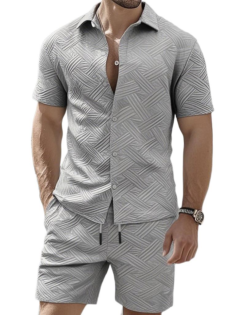 Men's Summer Solid Color Jacquard Casual Set Short Sleeve Shirt and Shorts Two Piece Outfit Breathable Quick Dry Beach Vacation