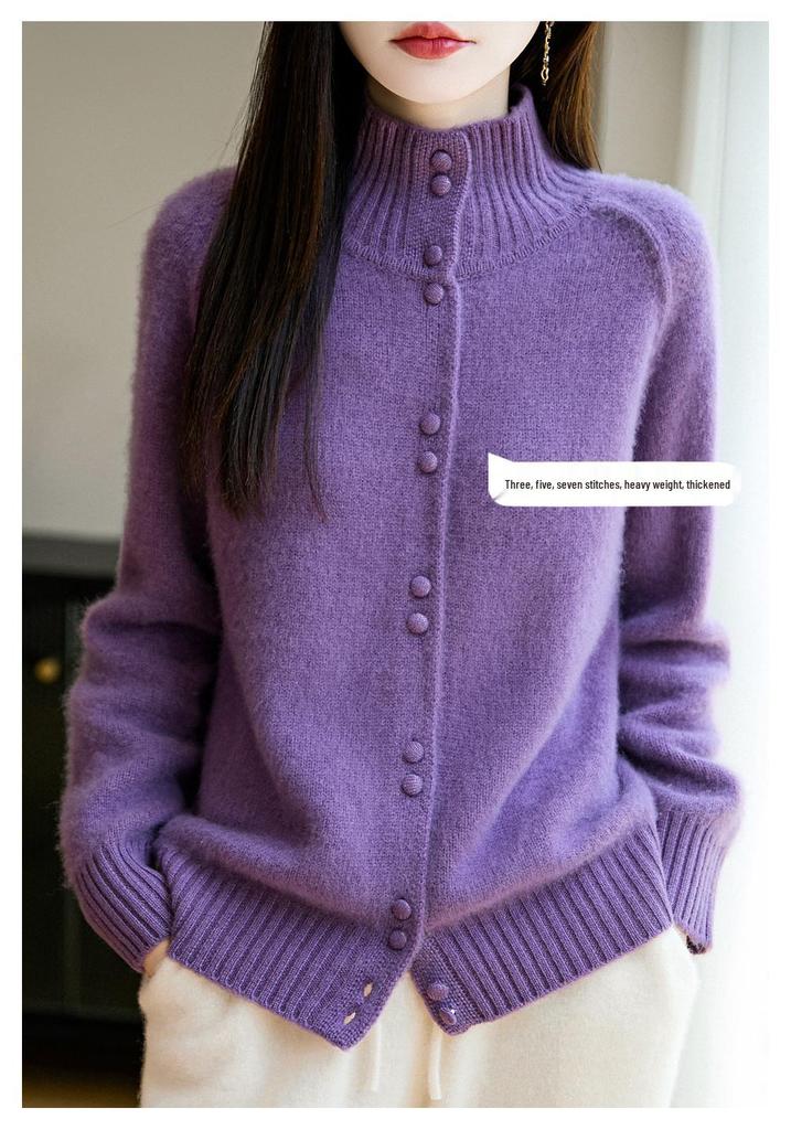 Women's Heavyweight Pure Wool Stand Collar Cardigan for Autumn/Winter
