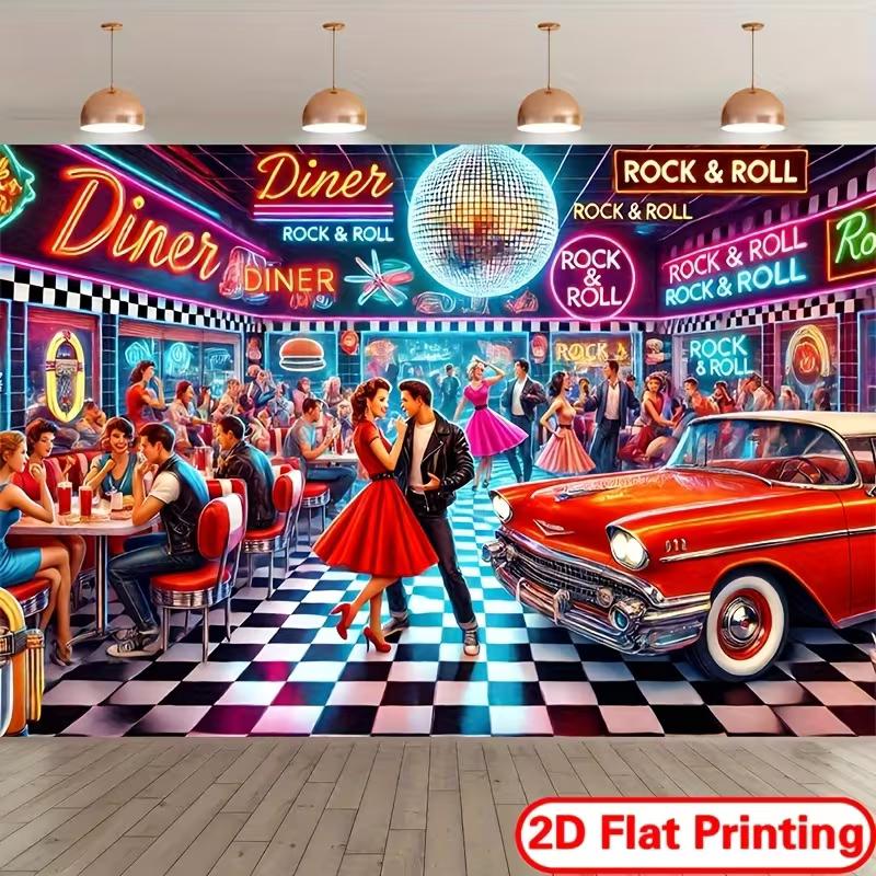 2D Vintage 1950s Diner Backdrop Rock & Roll Party Photo Background Cloth