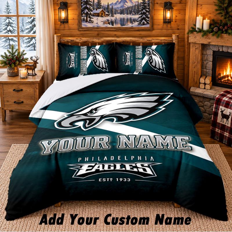 Philadelphia Eagles Pattern Bedding 3Pcs Set Custom Name, Bed Sheet And Pillowcases For Home Bedroom
