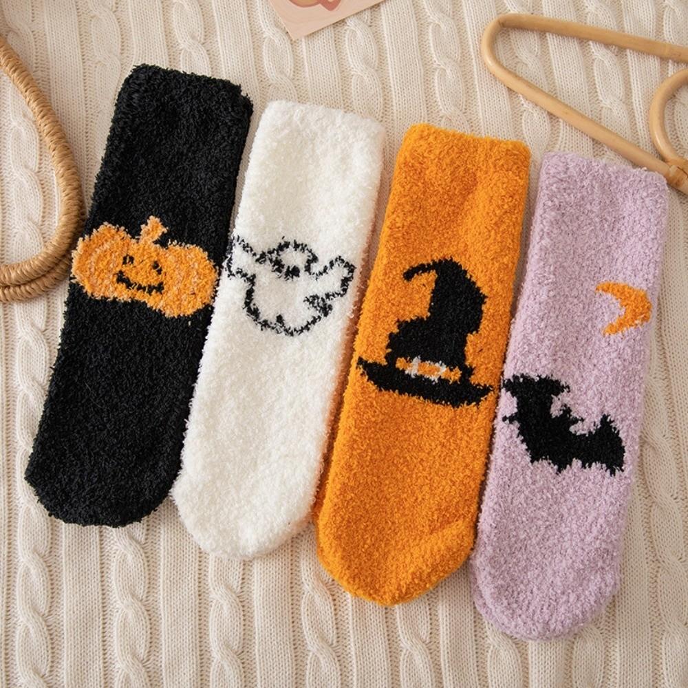 4pairs/set Coral Fleece Halloween Socks Soft Bat Ghost Mid-Calf Socks  Hallowmas Gift