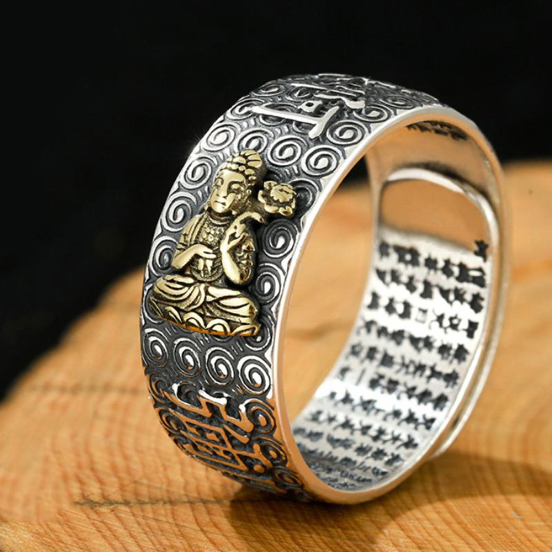 Кольцо Namo Amitabha из стерлингового серебра с тиснением в стиле ретро сутра-сердца Будды в этническом стиле, различные серии, мужские кольца, ювелирные изделия