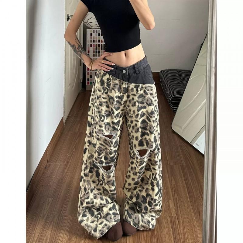 Womens 2026 Loose Double Waistband Wide Leg Denim Jeans Vintage Leopard Print Distressed Trousers