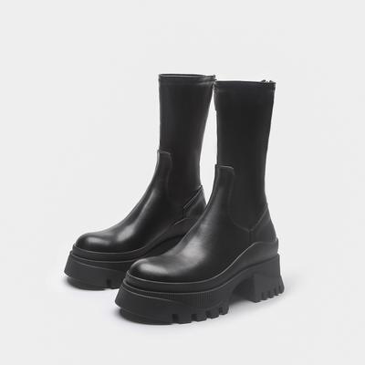 Женские полусапожки на толстой подошве с рифленым протектором, средней длины, эластичные, с задней молнией, ботинки Мартин