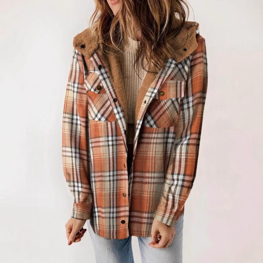 Women's Plaid Fashion Fleece Coats Winter Warm Hooded Fleece Jackets Casual Outwear Large Size Loose Comfortable Coat