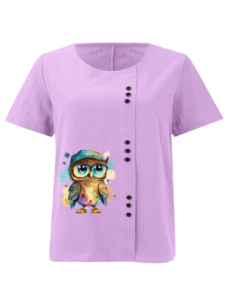 Women's Fashion Cool Owl Print Round Neck Short Sleeve T-shirt Summer Casual Cotton Linen Graphic Shirt Leisure Loose Blouse Tops