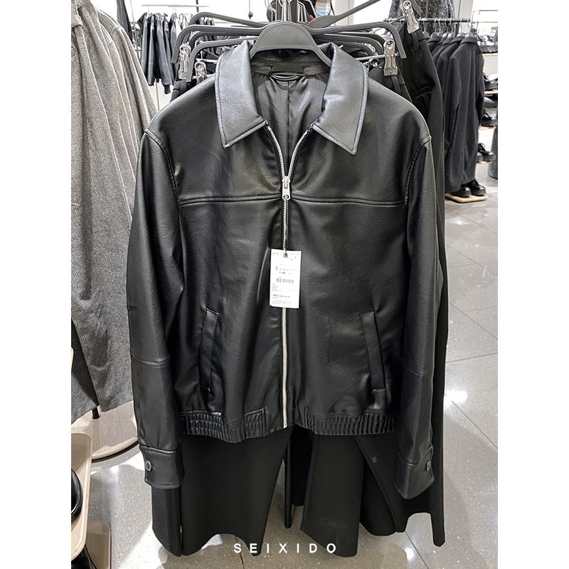Cabinet 429! New Autumn and Winter Men's Loose-Fitting Faux Leather Jacket with a Turn-Down Collar and Zipper, Model 4027300, Washed Pu Leather Jacket