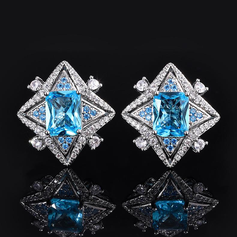 Jewelry, jewelry, stud earrings, sea blue zirconium pink zircon, fashionable European and American high-end quadrilateral Margaret Topa women's models