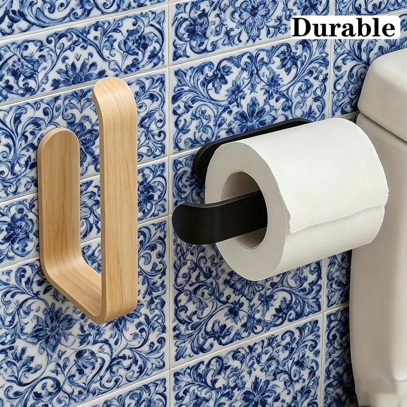 Self-Adhesive U-Shaped Toilet Paper Holder No Drill Wood Grain Wall Mount for Bathroom Kitchen Paper Towels Renters Friendly