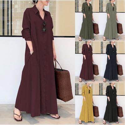 Женское повседневное хлопково-льняное однотонное свободное длинное платье-рубашка