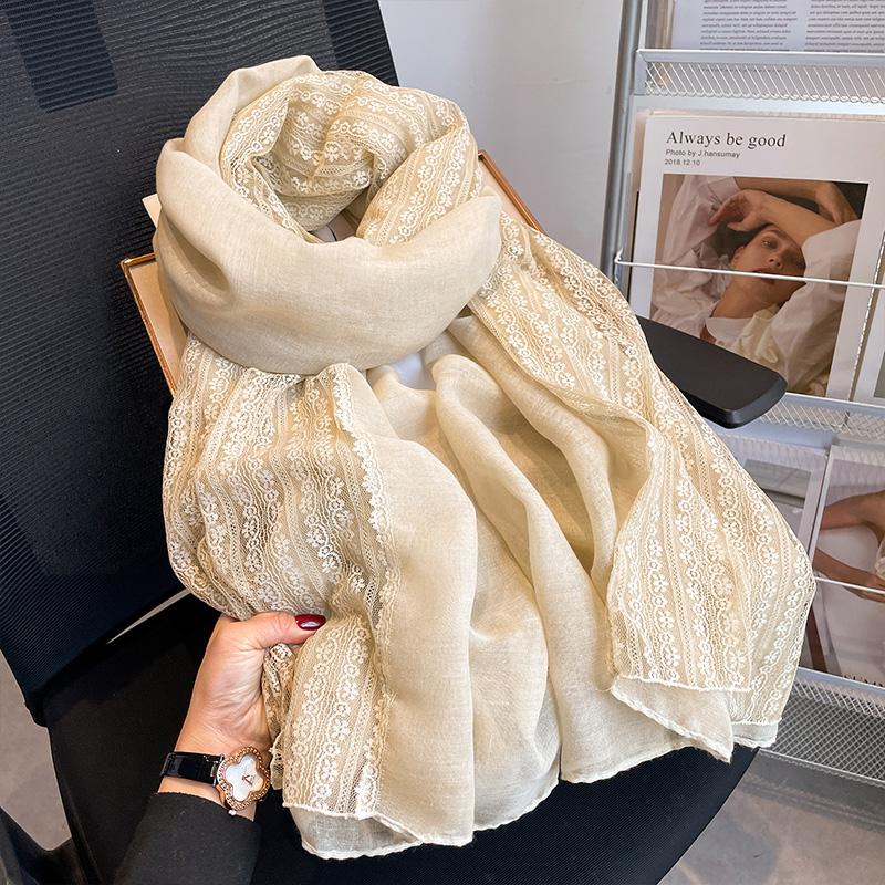 Flaxen lace cotton and linen scarf women's summer shawl spring and autumn foreign style fashion blue silk scarf yarn thin