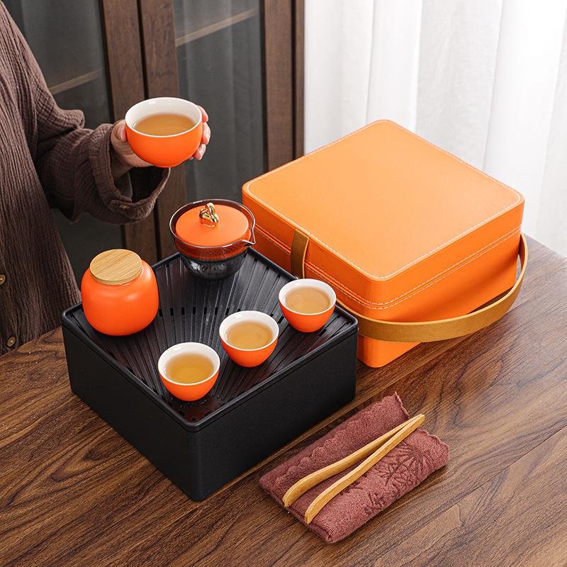 Coarse pottery travel tea set Portable Yutu Kuaike cup storage box Business souvenir