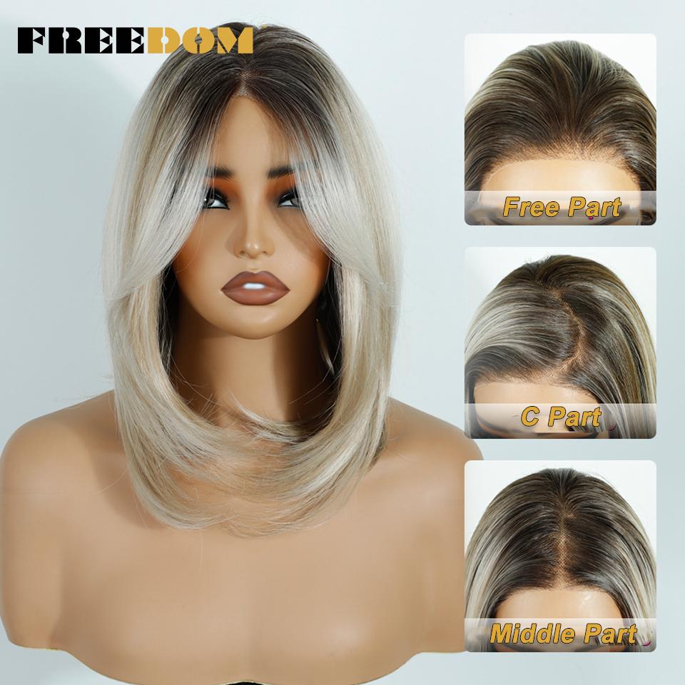 FREEDOM 13x4 Synthetic Lace Front Wigs For Women Short Bob Wig With Bangs Pre Plucked Wear And Go Pre-cut Ombre Blonde Lace Wigs