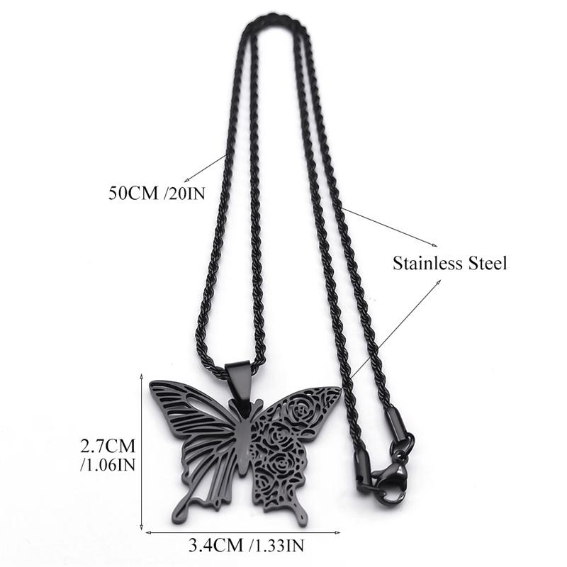 Gothic Black Butterfly Hollow Pendant Necklace for Women Men Stainless Steel Carving Flower Rose Insect Necklaces Jewelry N6121