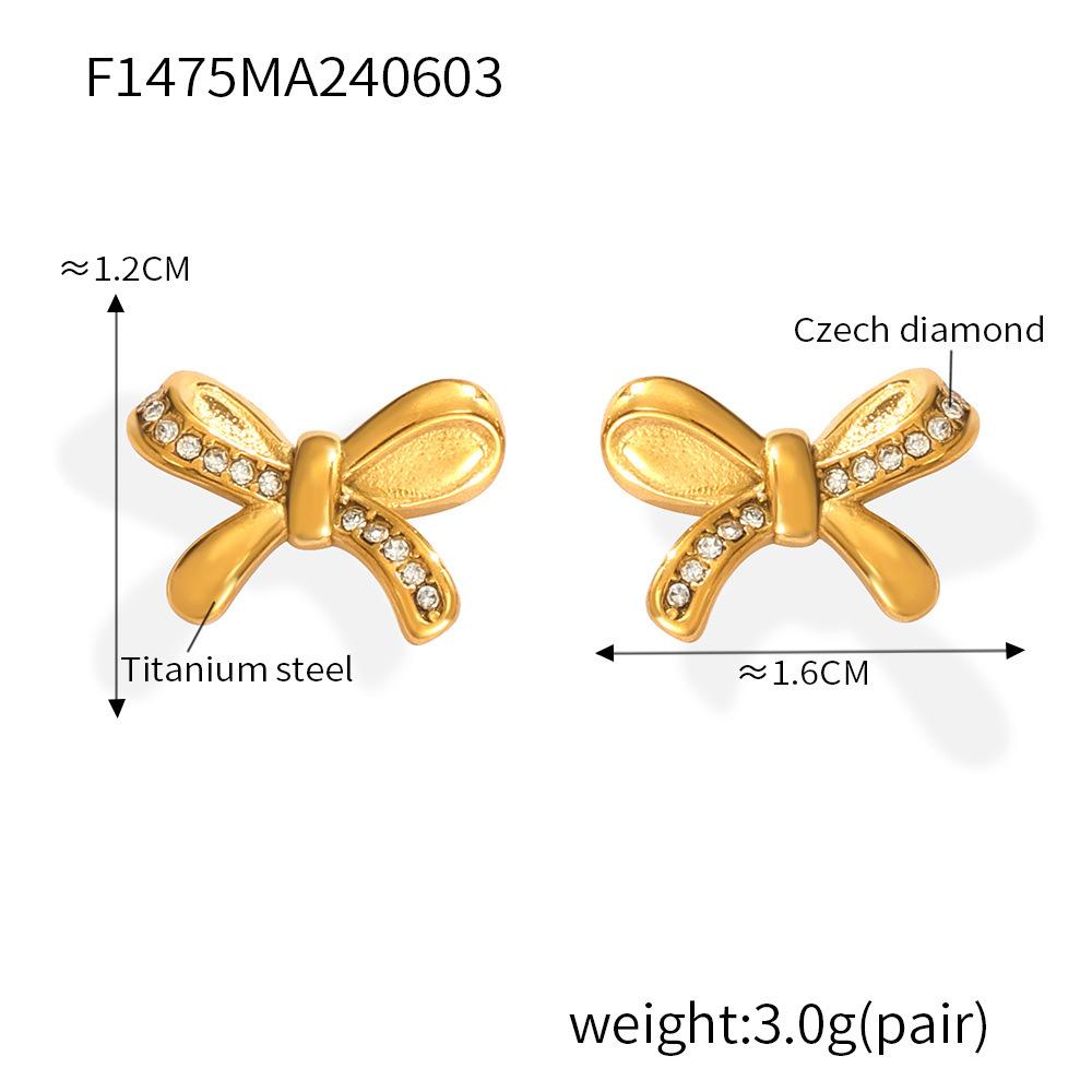 Корейская версия простых односторонних сережек-бантиков с бриллиантами, позолоченные серьги из титановой стали, персонализированные универсальные серьги, сохраняющие цвет