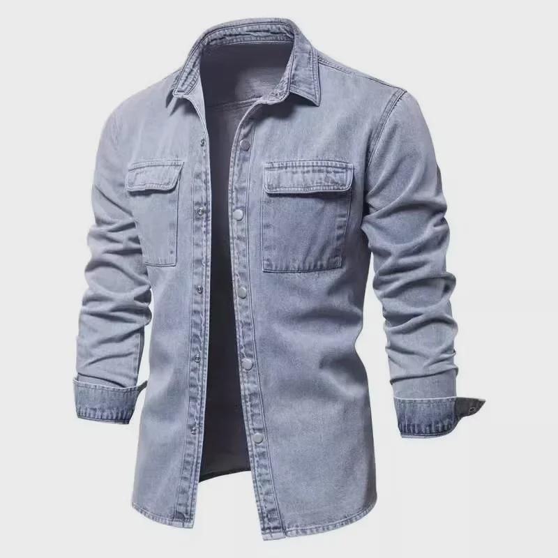 Men's 2024 Korean Style Casual Denim Shirt - Long Sleeve, Lightweight, Solid Color, Perfect for Spring and Autumn