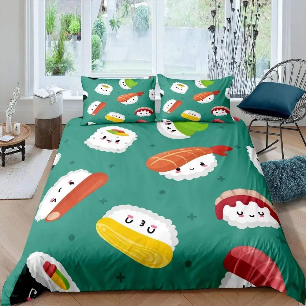 Японский Суши Пододеяльник Размер King Microfiber Милый Мультяшный Тема Еды Комплект Постельного Белья Чехол на Одеяло