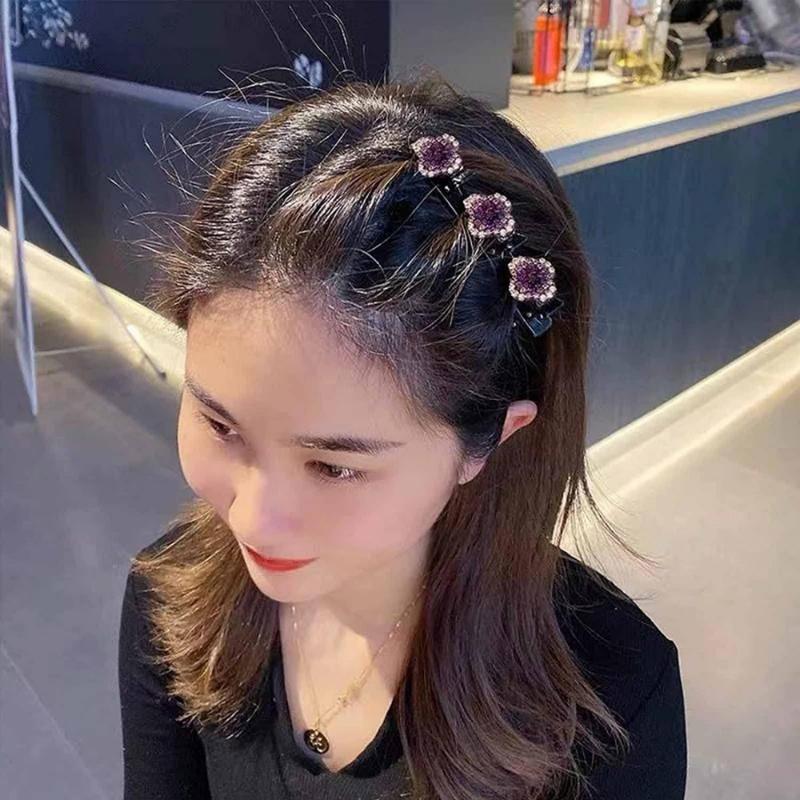 4pcs Sparkling Crystal Stone Braided Hair Clips Women Satin Fabric Hair Clips,Rsvelte Braided Hair Clip with 3 Small Clips, Multi Clip Hair Barrette
