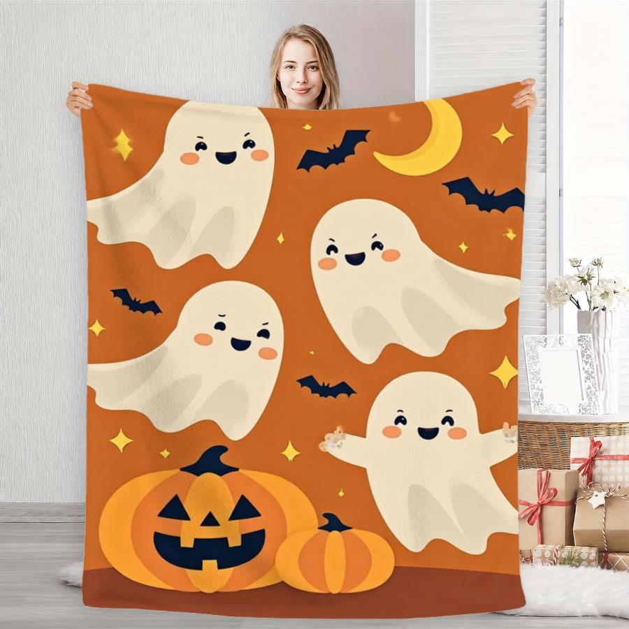 1pc Soft Flannel Plush Blanket, Cute Halloween Ghosts And Pumpkins Print, Cozy Large Throw for Sofa Bed Living Room, Festive Holiday Home Decor Gift,
