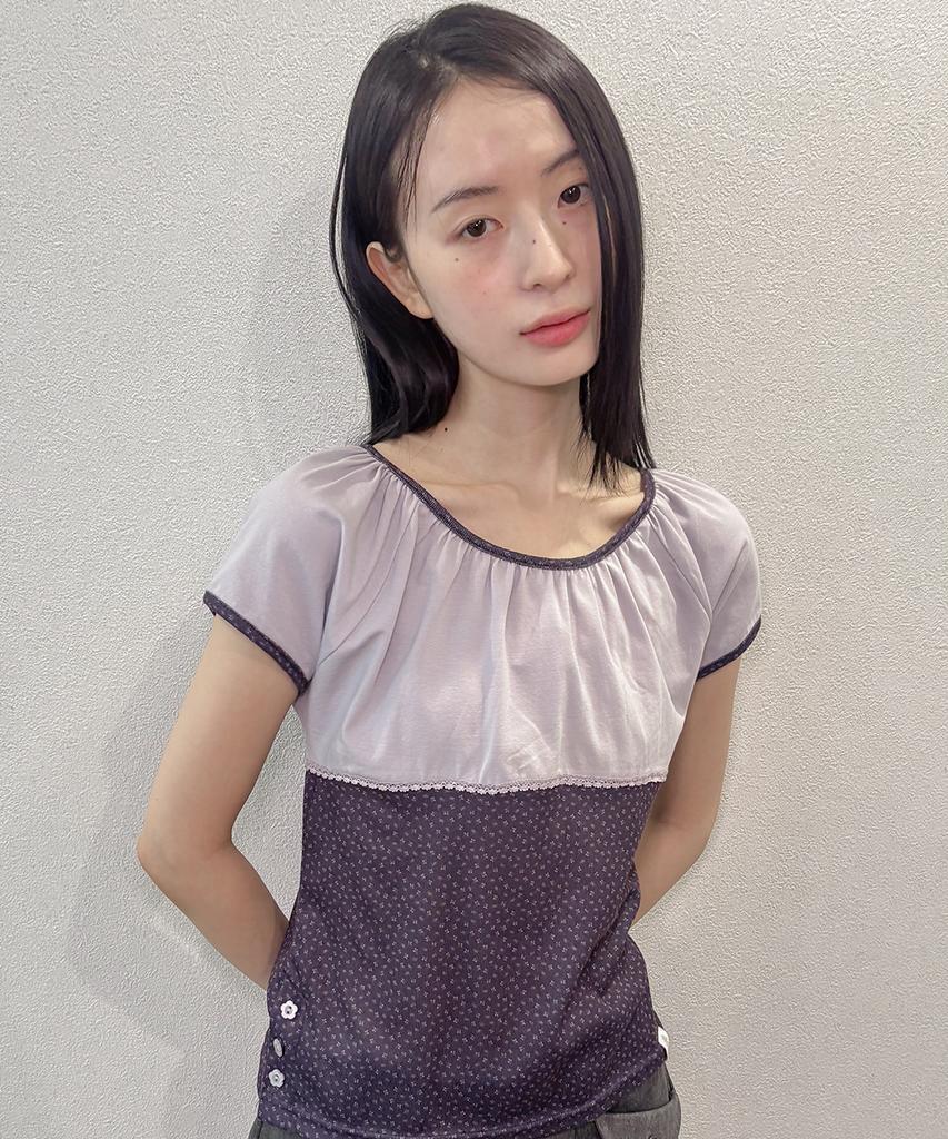 OAFISH Floral Shirring Lace T-Shirts, Purple