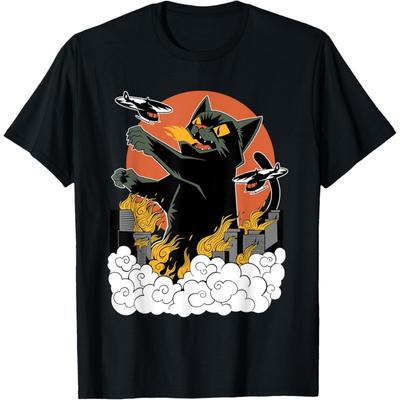 Винтажная японская футболка Catzilla с рисунком заката и черного кота, забавная графическая футболка, оригинальная футболка