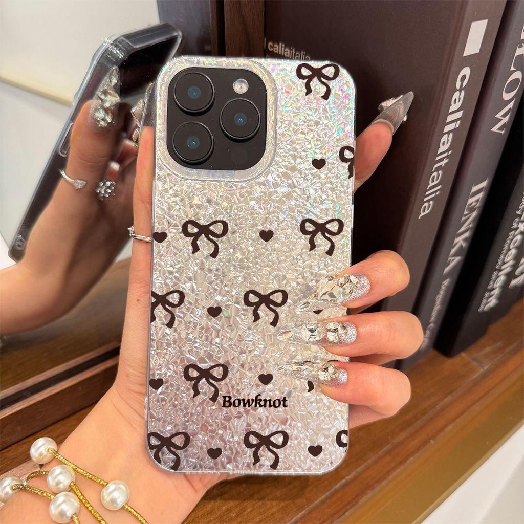 Brown Hearts and Bows Case for iphone 18 Pro Max 12 XS Max 11 16 Plus 15 17 Pro 14 13 XR Air Silver Crushed Foil Cover