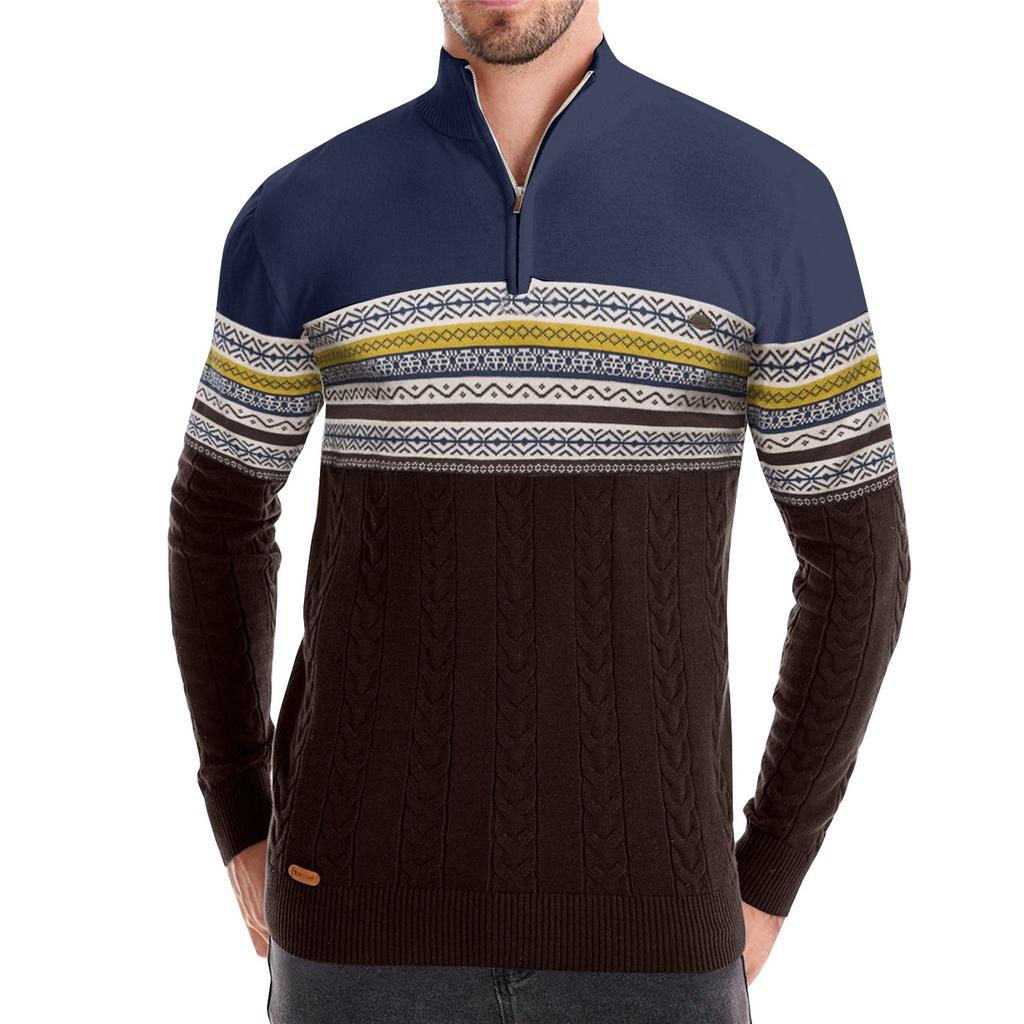 Мужской зимний трикотажный топ с принтом, воротником-стойкой и полумолнией, облегающий крой, с длинным рукавом