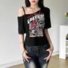 Готическая футболка Y2k Letter Print Off Shoulder Punk Футболки женские Harajuku Летняя уличная одежда Гранж Футболка Эстетичные сексуальные укороченные топы