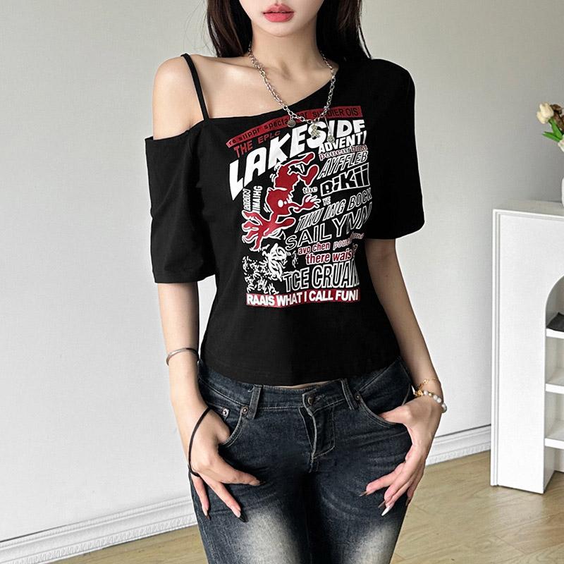 Готическая футболка Y2k Letter Print Off Shoulder Punk Футболки женские Harajuku Летняя уличная одежда Гранж Футболка Эстетичные сексуальные укороченные топы