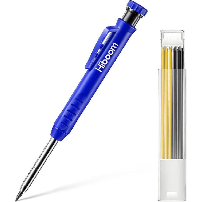 Hiboom Solid Carpenter Pencil Set for Construction with 7 Refills Built-in Sharpener, Long Nosed Deep Hole Mechanical Pencil Marker for Carpenter