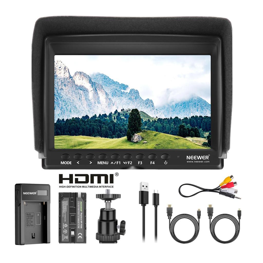 NEEWER F100 1280x800 IPS Screen Camera Field Monitor Kit with 2600mAh Rechargeable Battery Pack and USB Compatible with DSLR Cameras 7-inch