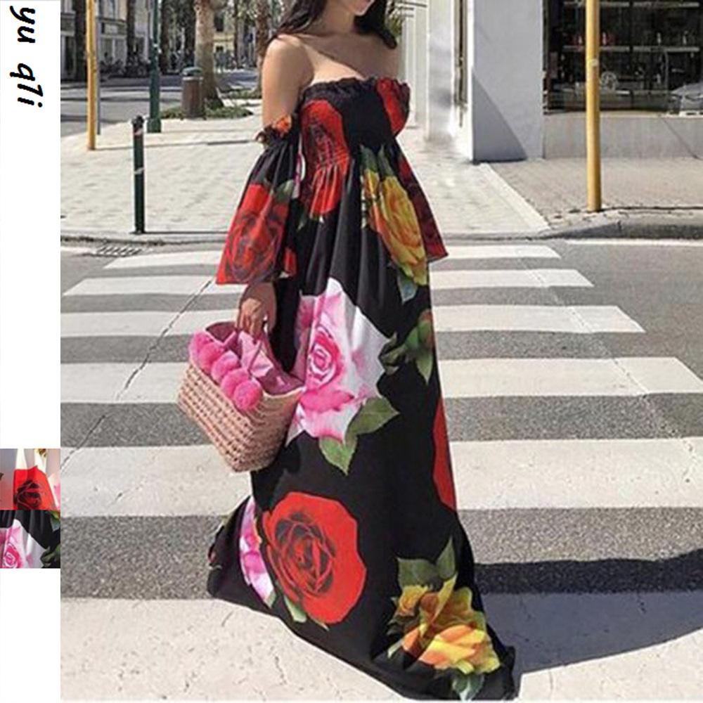 2025 summer European and American sexy tube top print long dress EBAYWish women's dress