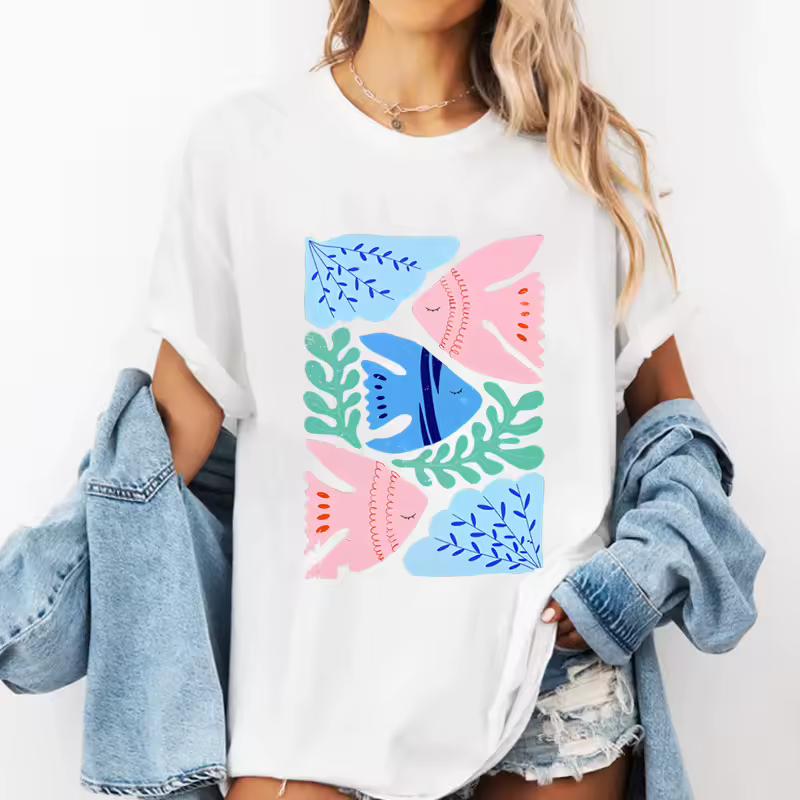 Feng Shui Minimalist Cartoon Printed Tshirt Men Women Flower Fish Loose T-shirt Casual Cotton Short Sleeved T Shirt Woman