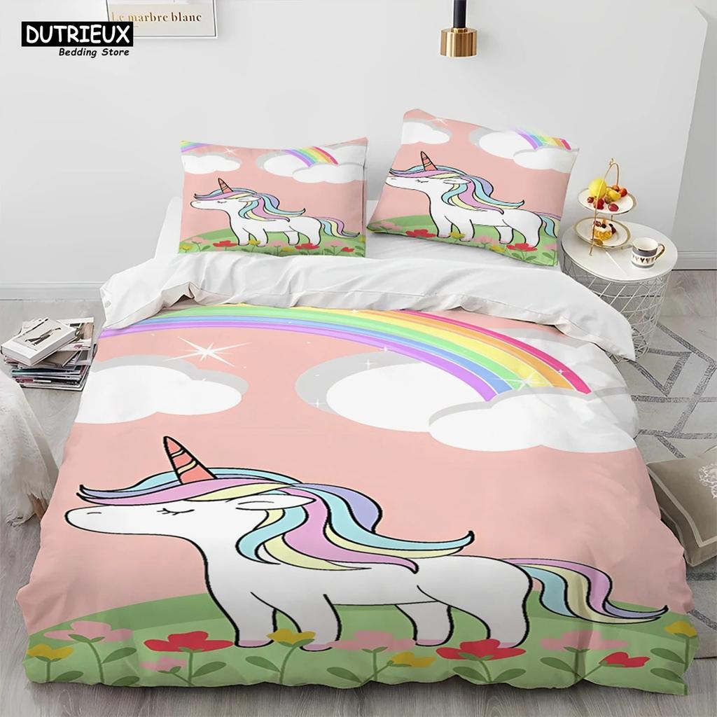 Unicorn Cute Cartoon Comforter Bedding Set,Duvet Cover Bed Set Quilt Cover Pillowcase,Queen Bedding Set