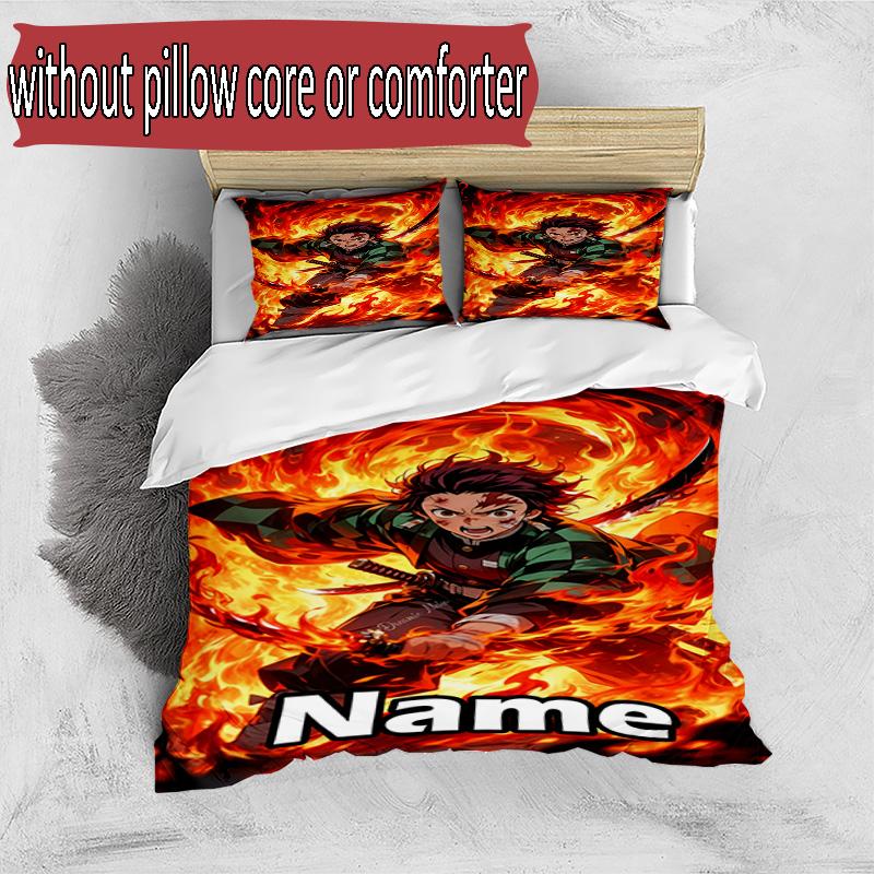 3pcs Duvet Cover Set (1*Duvet Cover + 2*Pillowcase, Without Core), Custom Name Demon Slayer Pattern Bedding Set, Home Bedroom Decor Gift