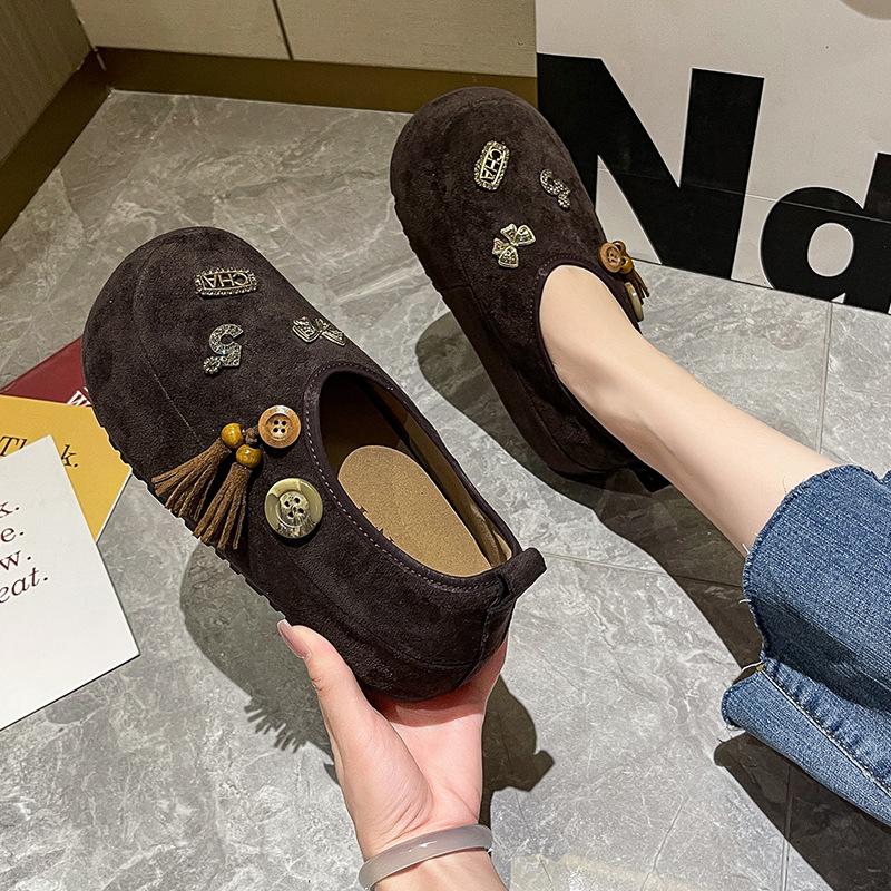 Women's Autumn Fringed Metal Inner Height-increasing Single Shoes with One Pedal and Big Head Women's Shoes