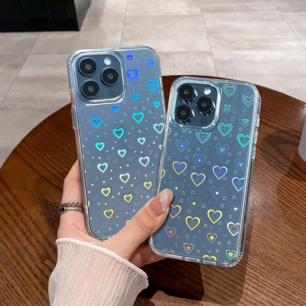 Подходит для акрилового чехла для телефона IPhone16, Apple 15Pro Laser Heart 14 Прозрачный противоударный защитный чехол в Instagram
