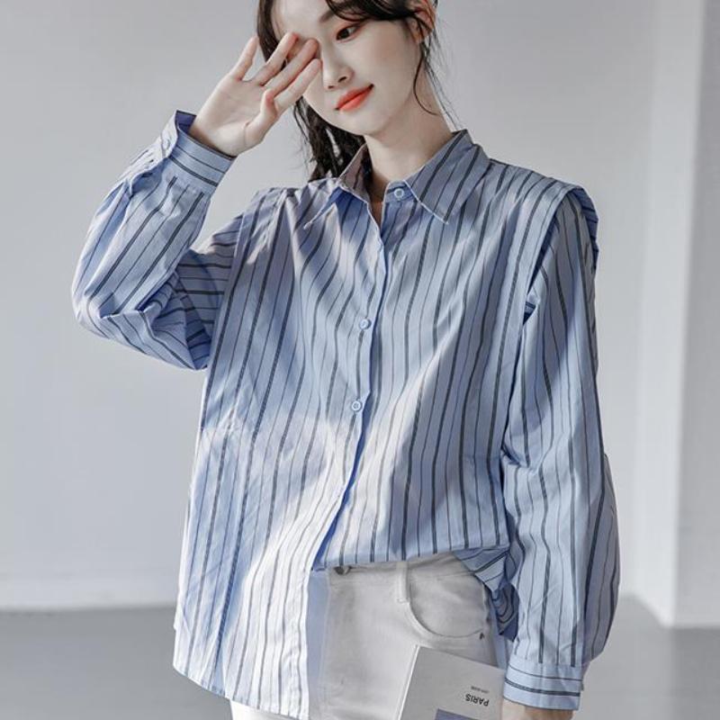 Весенне-осенняя женская рубашка с длинным рукавом и вертикальными полосками, небольшой модный топ