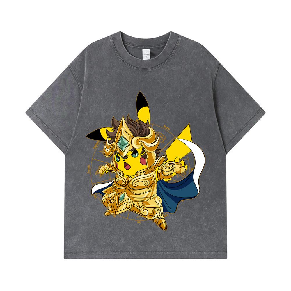 275 GSM Washed T-shirts 100% Cotton Pokemon V25 Pikachu Leo Print Unisex Heavy Cotton T Shirt